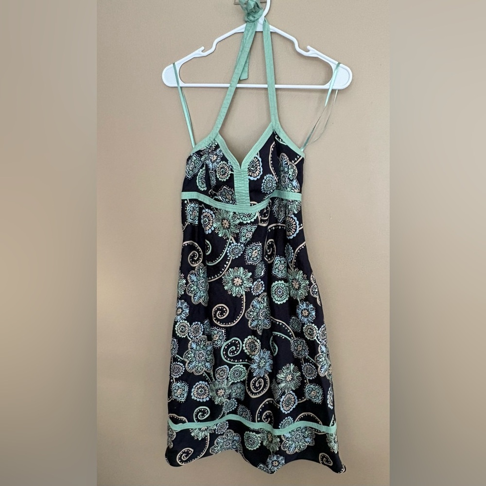 Ann Taylor LOFT Navy Blue Halter Neck Dress with Teal Floral design size 10P
